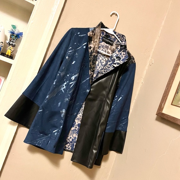 🌀🏷️🆕🎉 black & navy & gold metallic abstract design collar open jacket blazer - Picture 6 of 16